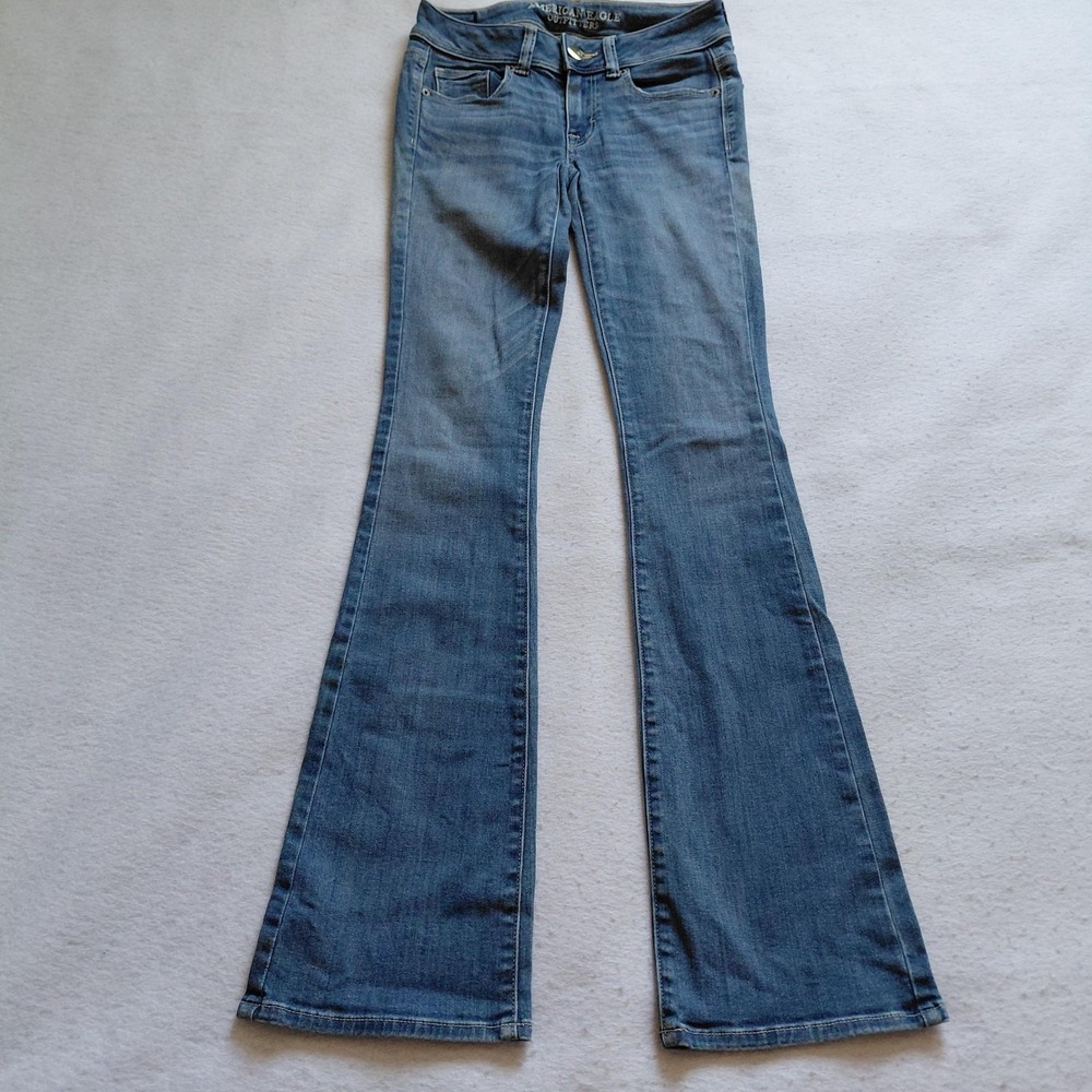 American Eagle Womens Super Stretch Jeans Size 0 Long Kick Boot Blue Denim Y2K